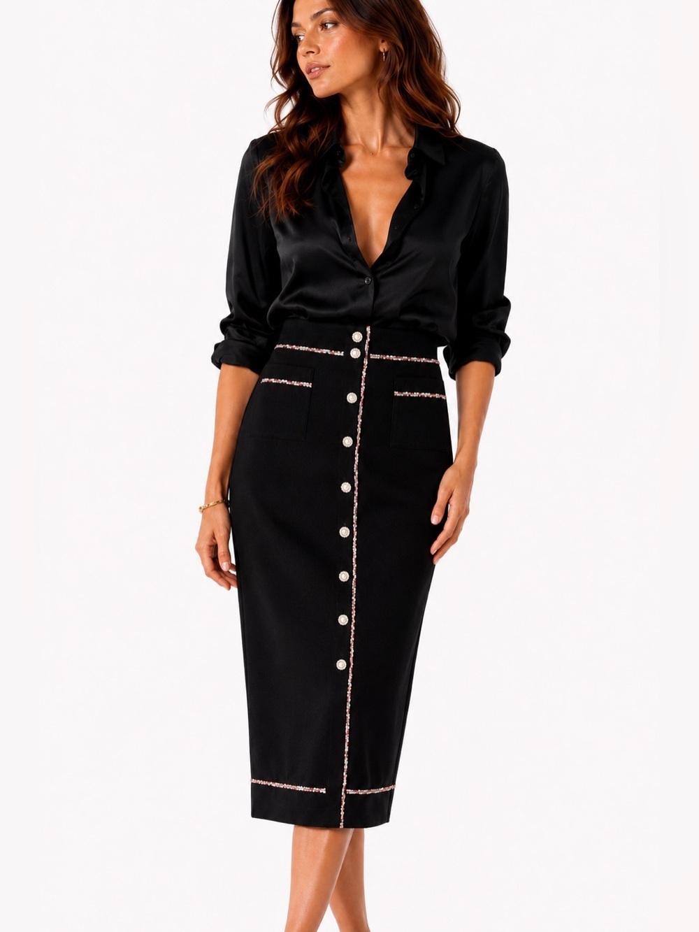 Sandro Paris Black Rhinestone Trim Knit Midi Skirt Small NWT - Picture 1 of 7